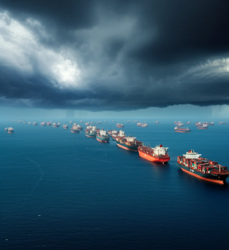 Aerial view of container ships anchored in Strait of Hormuz crisis