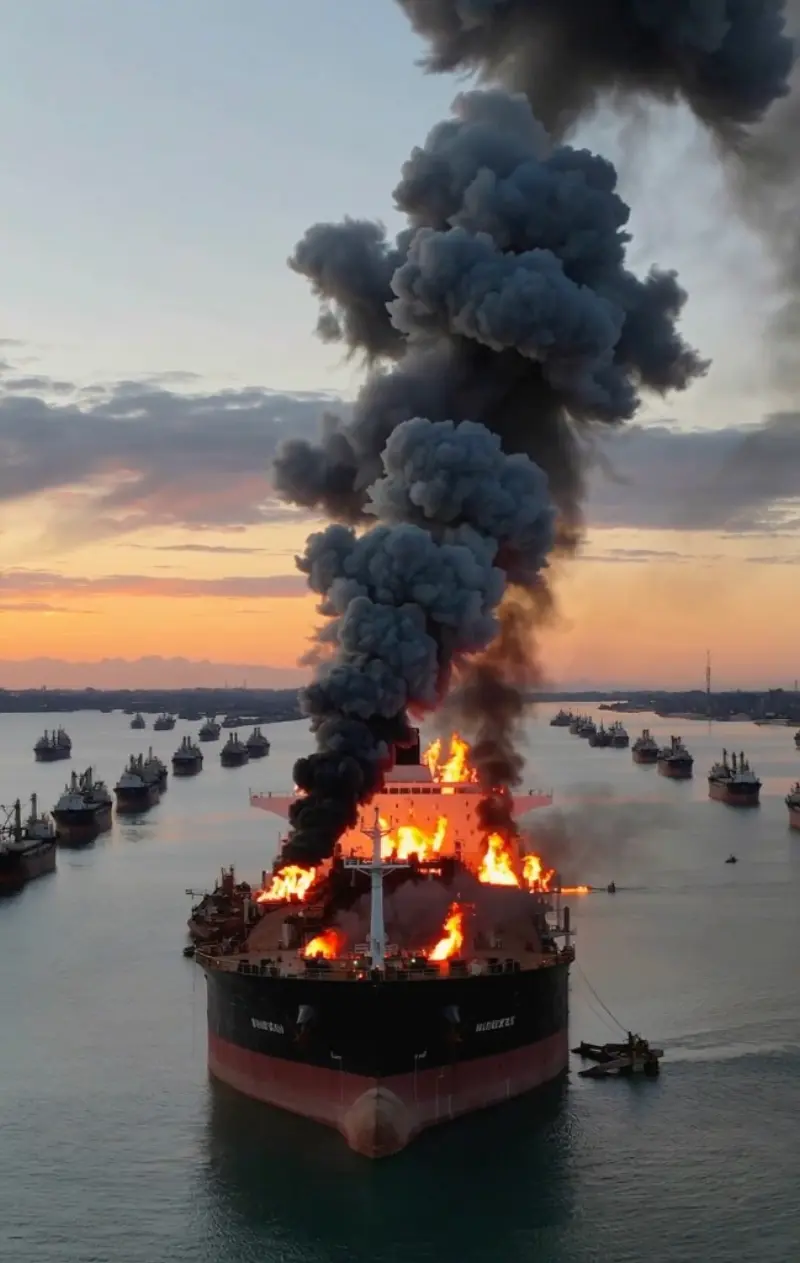 Burning ship in Gulf waters during Strait of Hormuz disruption